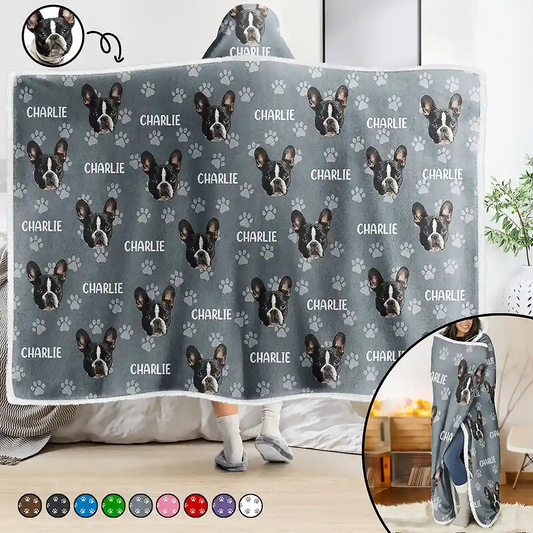 Custom Photo Funny Pet Face Pattern Dog Cat Family - Personalized Wearable Hooded Blanket