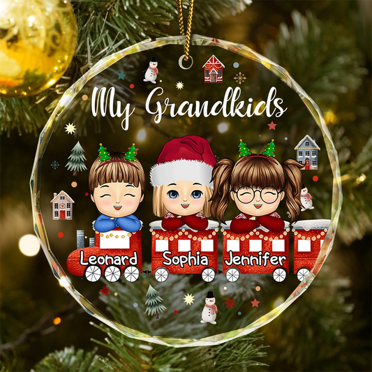 Christmas Train Chibi Grandkids 2024 - Personalized Circle Acrylic Ornament