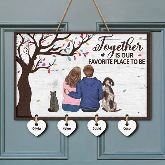 Dog Cat Pet Couple Together Is Our Favorite Place To Be - Personalized Custom Shaped Wood Sign With Wooden Tags