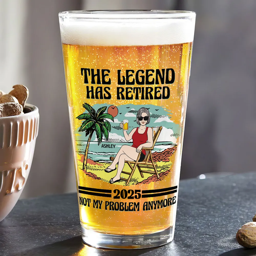The Legend Has Retired Vintage Beach Personalized Beer Glass, Retirement Gift For Beach Lovers, Dad, Mom, Grandpa, Grandma