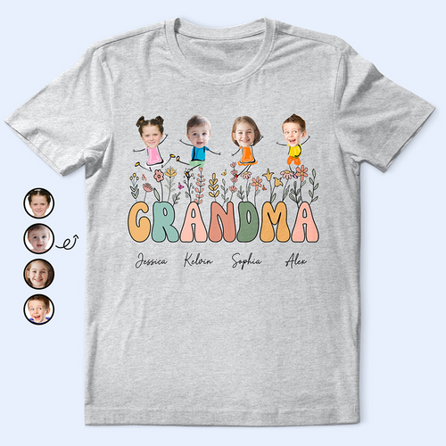 Custom Photo Grandma Mom Flower Title - Personalized T Shirt
