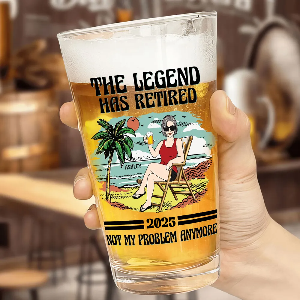 The Legend Has Retired Vintage Beach Personalized Beer Glass, Retirement Gift For Beach Lovers, Dad, Mom, Grandpa, Grandma