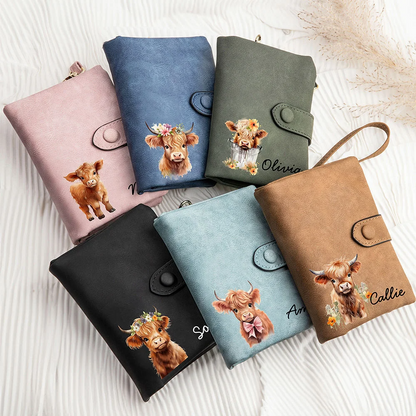 Personalised Floral Highland Cow Leather Tri-folded Wristlet Wallet with Card Holder and Name Birthday Gift for Women Highland Cow Lovers