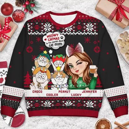 Meowy Catmas To The World's Best Cat Mom - Personalized Unisex Ugly Sweater