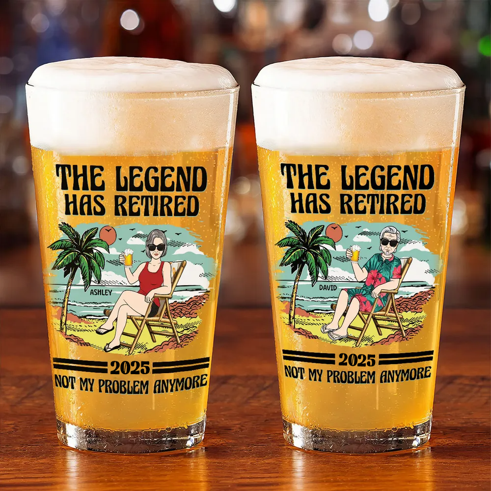 The Legend Has Retired Vintage Beach Personalized Beer Glass, Retirement Gift For Beach Lovers, Dad, Mom, Grandpa, Grandma