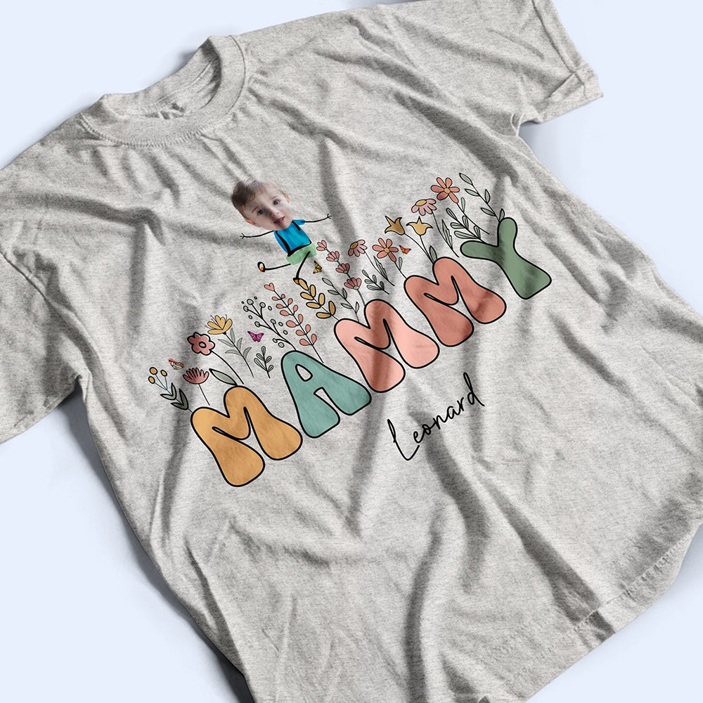 Custom Photo Grandma Mom Flower Title - Personalized T Shirt