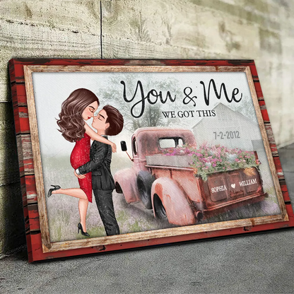 Red Vintage Truck Farmhouse Couple Hugging Kissing Personalized Canvas Print, Anniversary Valentine's Day Gift For Him, For Her