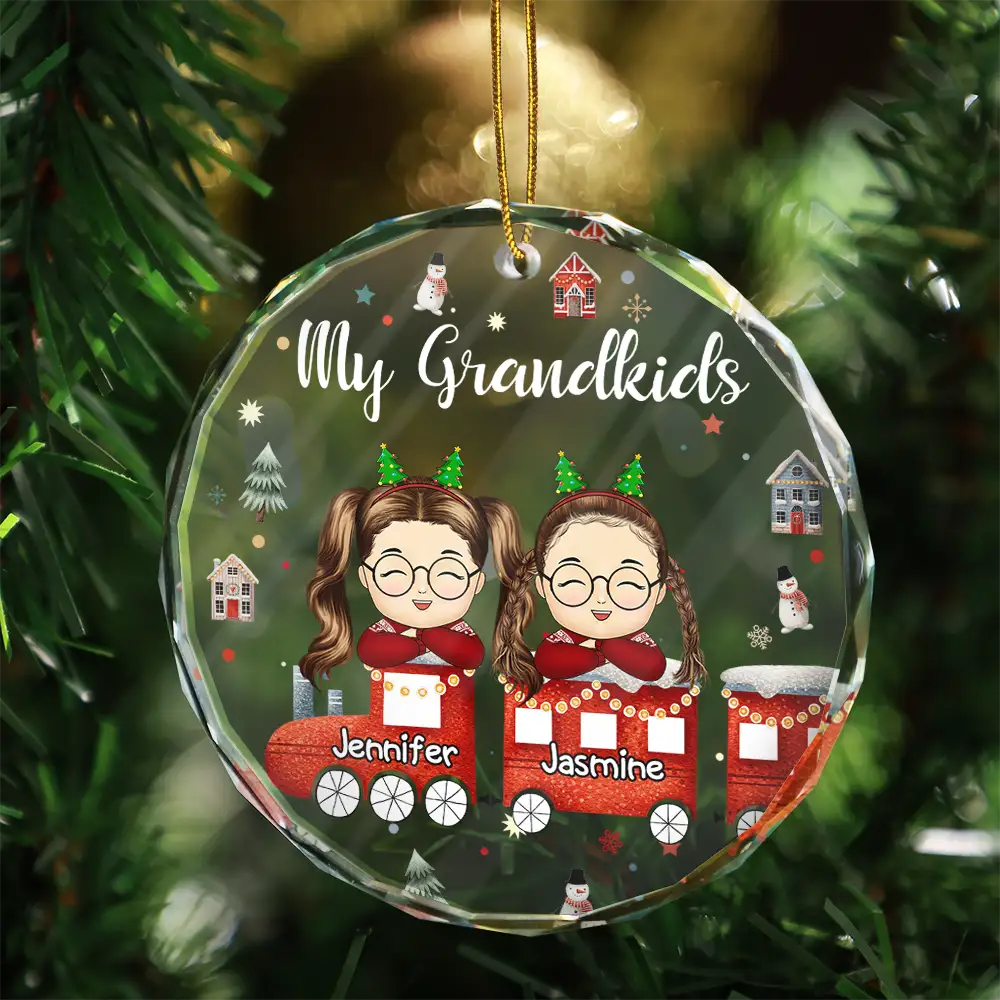 Christmas Train Chibi Grandkids 2024 - Personalized Circle Acrylic Ornament