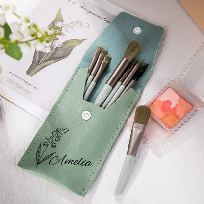 Personalised Birth Flower Makeup Brush Bag with 8 Pcs Makeup Brushes Birthday Wedding Christmas Gift for Girlfriend Mother Friend