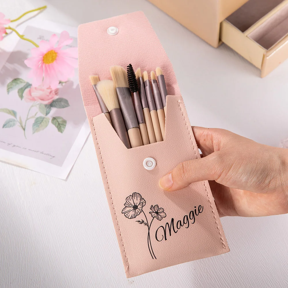 Personalised Birth Flower Makeup Brush Bag with 8 Pcs Makeup Brushes Birthday Wedding Christmas Gift for Girlfriend Mother Friend