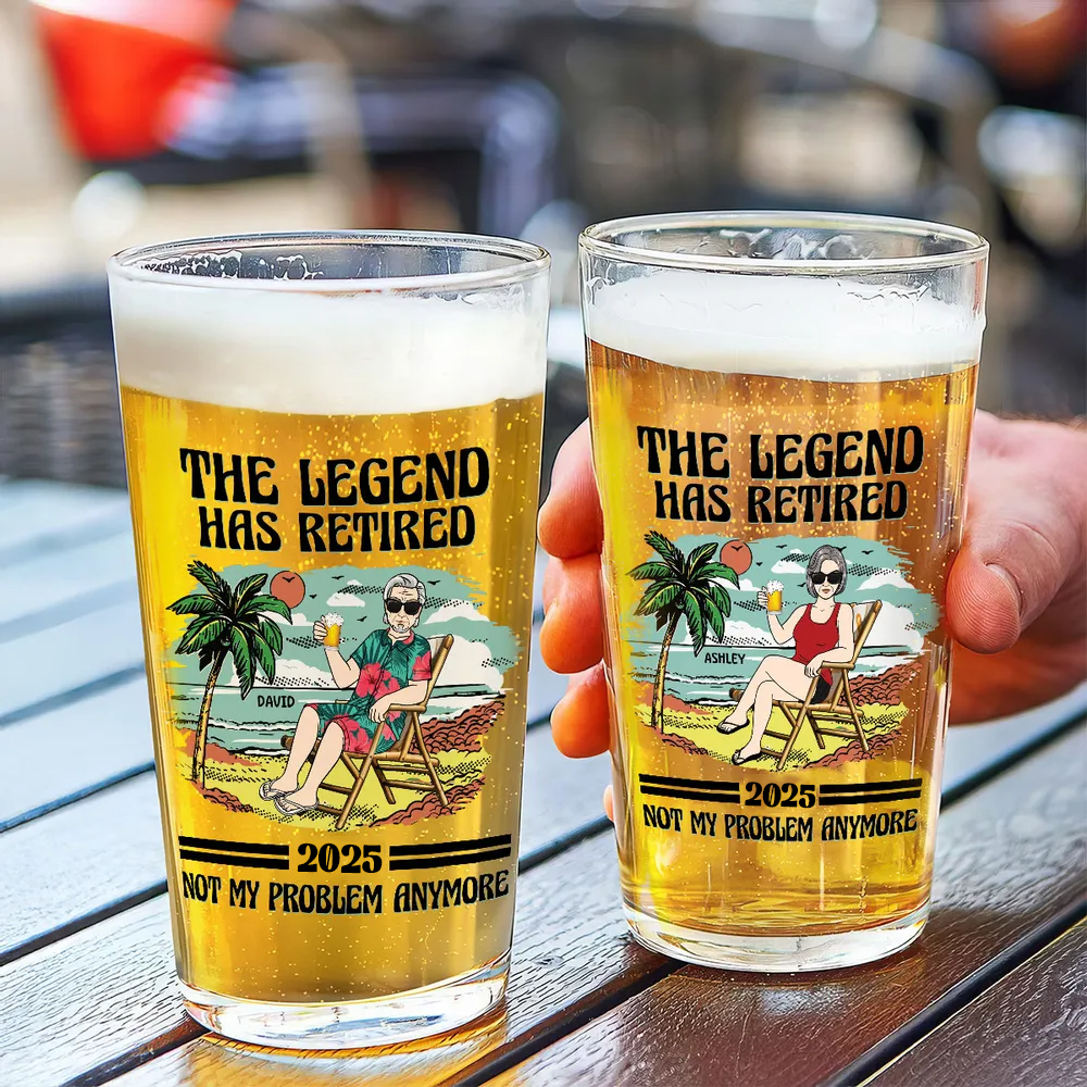 The Legend Has Retired Vintage Beach Personalized Beer Glass, Retirement Gift For Beach Lovers, Dad, Mom, Grandpa, Grandma