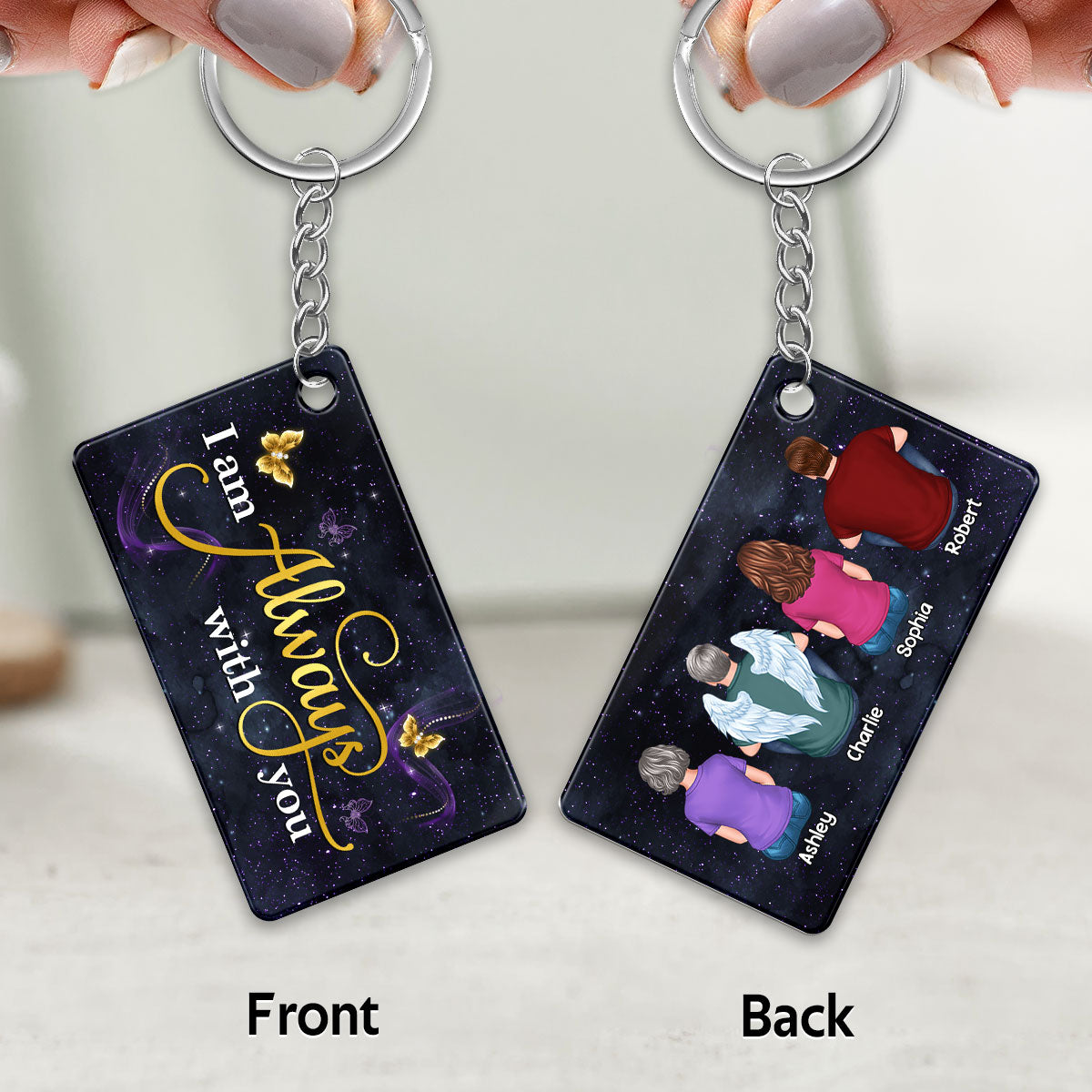 Glow Butterflies Family Back View Sitting Memorial Sympathy Remembrance Keepsake Personalized Acrylic Keychain
