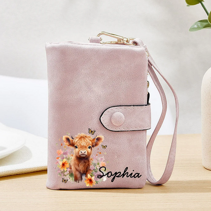 Personalised Floral Highland Cow Leather Tri-folded Wristlet Wallet with Card Holder and Name Birthday Gift for Women Highland Cow Lovers