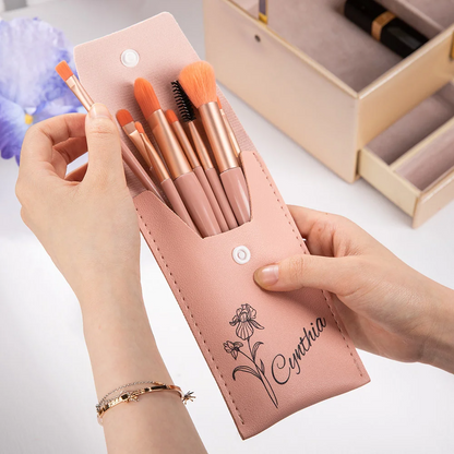 Personalised Birth Flower Makeup Brush Bag with 8 Pcs Makeup Brushes Birthday Wedding Christmas Gift for Girlfriend Mother Friend