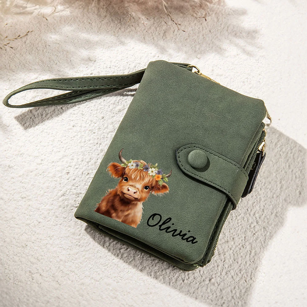 Personalised Floral Highland Cow Leather Tri-folded Wristlet Wallet with Card Holder and Name Birthday Gift for Women Highland Cow Lovers