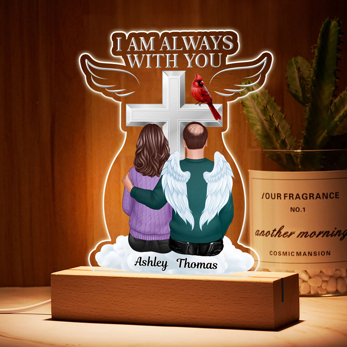 Always With You Family Memorial Keepsake People Sitting Under Cross Personalized Acrylic Plaque With LED Night Light