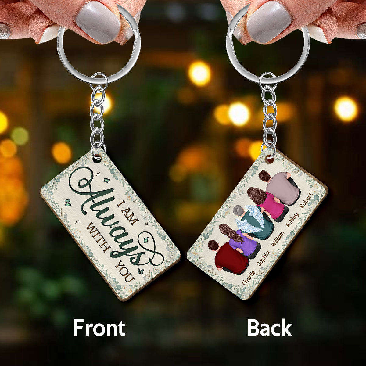 Family Memorial Green Leaves Flowers Remembrance Gift Personalized Wooden Keychain