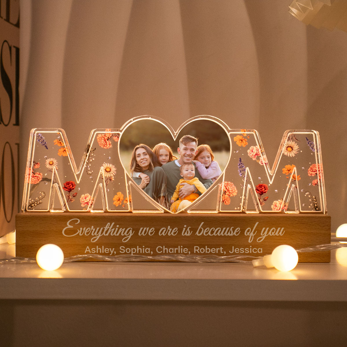 Mom Everything I Am Is Because Of You Birth Month Flower Photo Upload Personalized Led Night Light, Mother's Day Gift