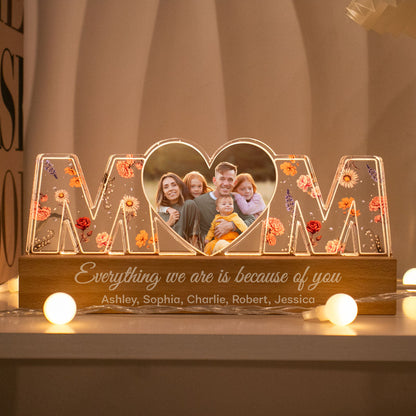 Mom Everything I Am Is Because Of You Birth Month Flower Photo Upload Personalized Led Night Light, Mother's Day Gift
