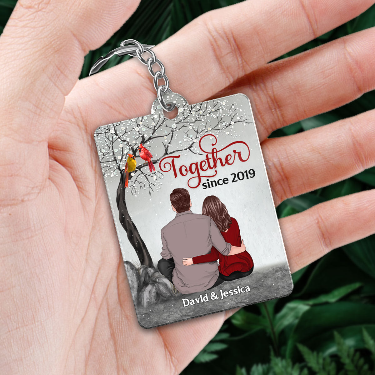 Back View Couple Sitting Under Blossom Tree Cardinals Favorite Song Scannable QR Code Personalized Acrylic Keychain