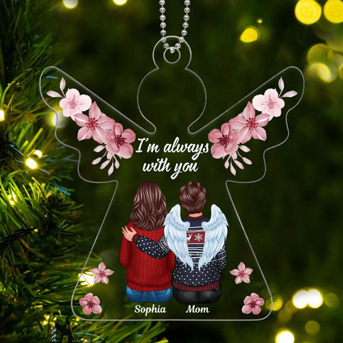 Always With You Pink Flowers Angel Shaped Memorial Keepsake Personalized Acrylic Ornament