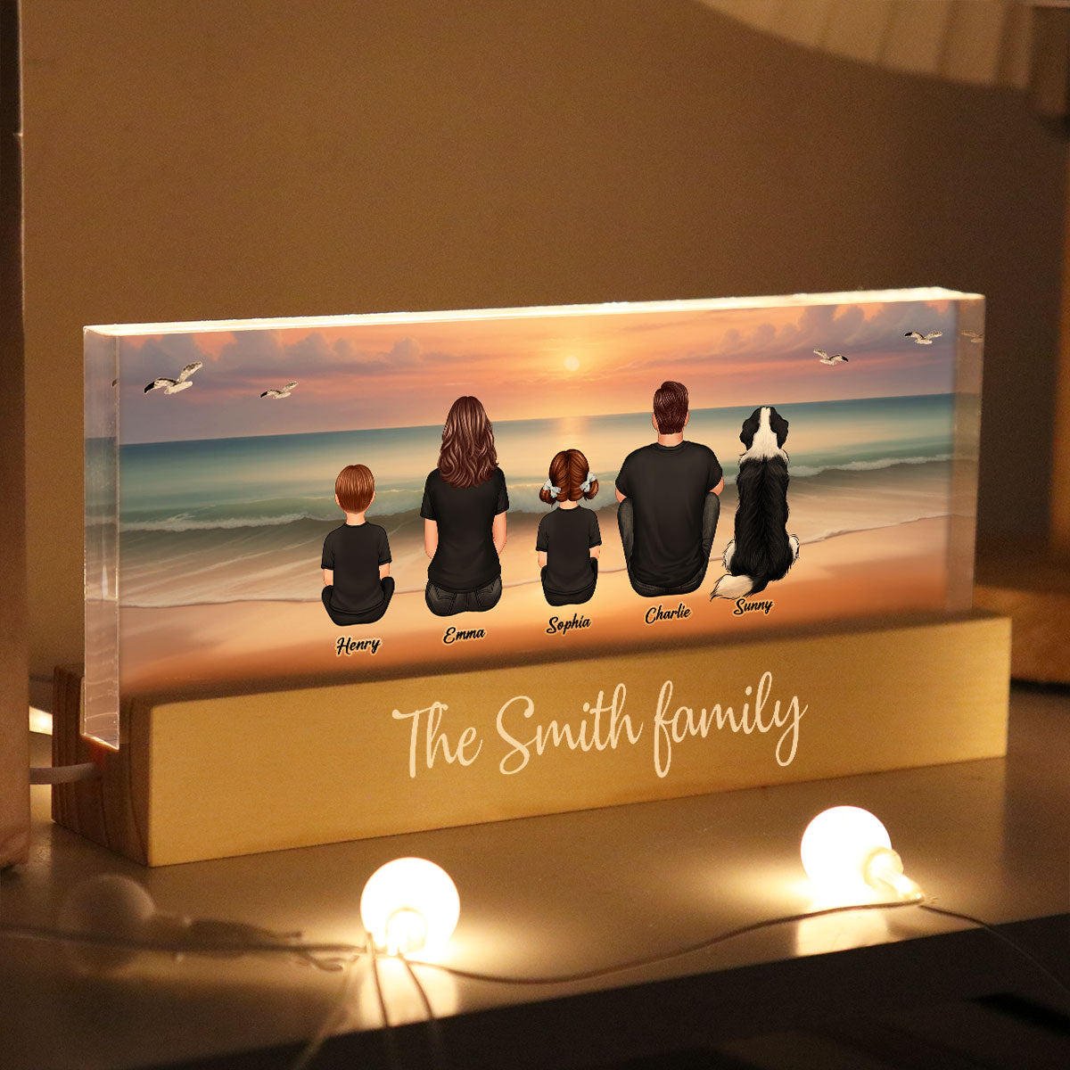 Realistic Beach Landscape Family Sitting Personalized Acrylic Block LED Night Light