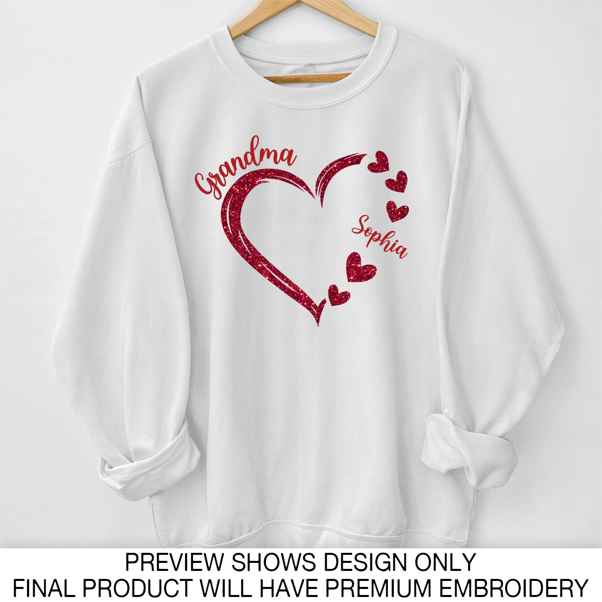 Forever In Grandma's Heart Personalized Glitter Embroidery Sweatshirt, Heartfelt Birthday Mother's Day Gift For Mom, Grandma