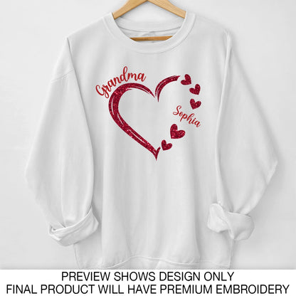 Forever In Grandma's Heart Personalized Glitter Embroidery Sweatshirt, Heartfelt Birthday Mother's Day Gift For Mom, Grandma