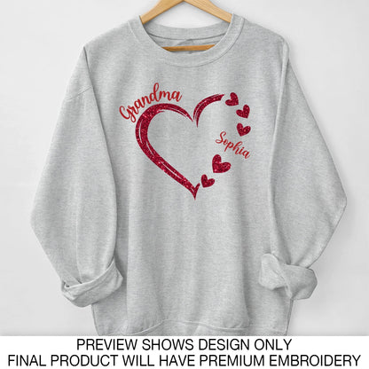 Forever In Grandma's Heart Personalized Glitter Embroidery Sweatshirt, Heartfelt Birthday Mother's Day Gift For Mom, Grandma
