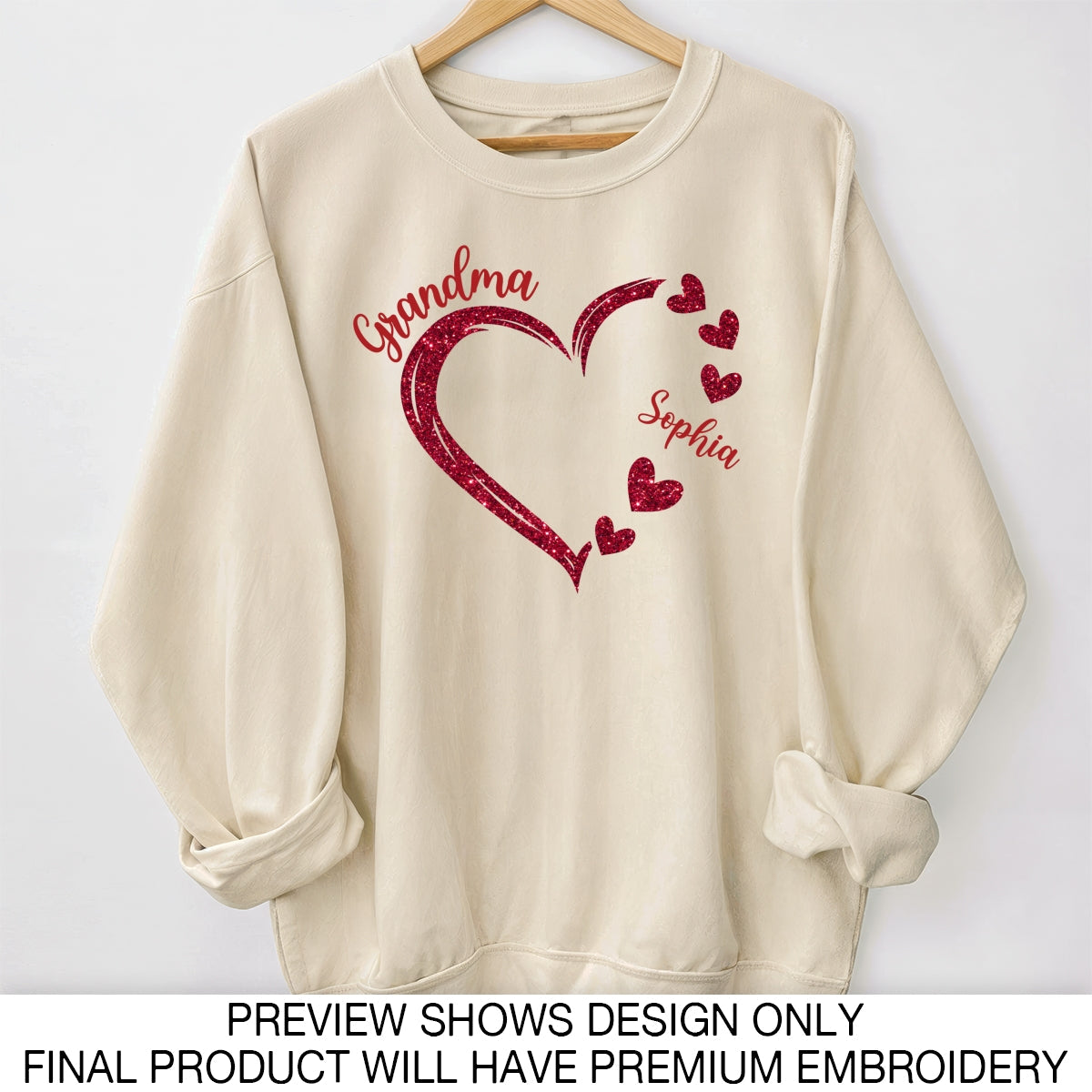 Forever In Grandma's Heart Personalized Glitter Embroidery Sweatshirt, Heartfelt Birthday Mother's Day Gift For Mom, Grandma