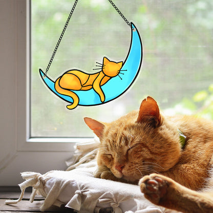 Sleeping Cat On Moon Handcrafted Suncatchers, Cat Decoration, Cat Memorial Gifts Personalized Acrylic Windows Hangings