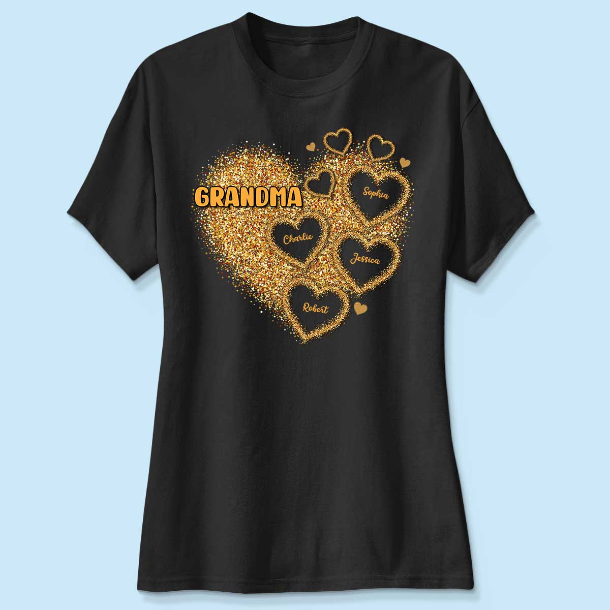 Grandma Mom Gold Glitter Heart Personalized Shirt, Gift For Grandma