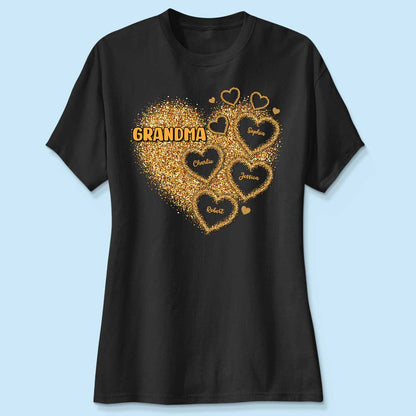 Grandma Mom Gold Glitter Heart Personalized Shirt, Gift For Grandma