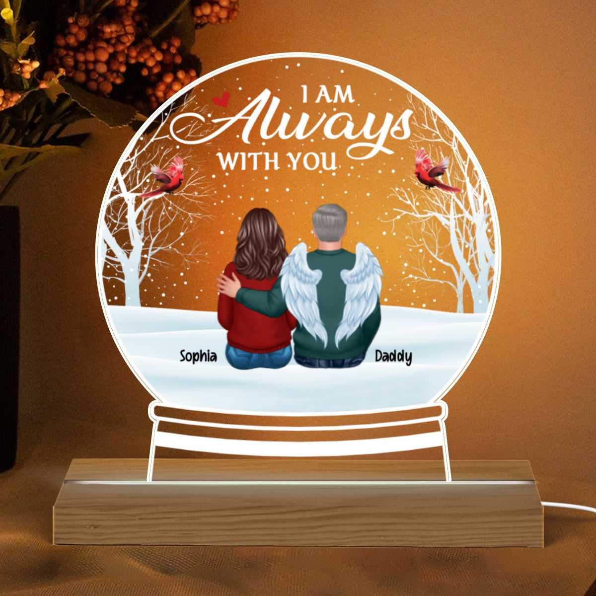 Always With You Family Memorial Gift Personalized Snow Globe Shaped Acrylic Plaque With LED Night Light